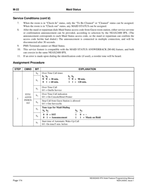 Page 188NEAX2400 IPX Hotel Feature Programming ManualPage 174NDA-24304, Issue 1
M-22 Maid Status
Service Conditions (cont’d)
7. When the room is in “Check-In” status, only the “To Be Cleaned” or “Cleaned” status can be assigned.
When the room is in “Check-out” status, any MAID STATUS can be assigned.
8. After the maid or repairman dials Maid Status access code from Guest room station, either service set tone
or confirmation announcement can be provided, according to selection by the NEAX2400 IPX. (The...