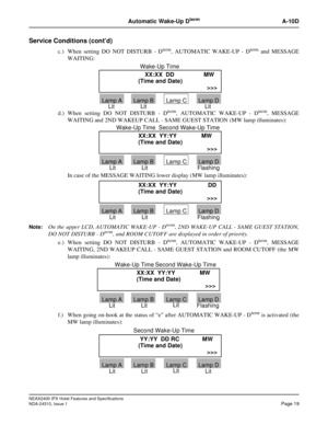 Page 31NEAX2400 IPX Hotel Features and Specifications
NDA-24310, Issue 1Page 19
Automatic Wake-Up DtermA-10D
Service Conditions (cont’d)
c.) When setting DO NOT DISTURB - Dterm, AUTOMATIC WAKE-UP - Dtermand MESSAGE
WAITING:
d.) When setting DO NOT DISTURB - D
term, AUTOMATIC WAKE-UP - Dterm, MESSAGE
WAITING and 2ND WAKEUP CALL - SAME GUEST STATION (MW lamp illuminates):
In case of the MESSAGE WAITING lower display (MW lamp illuminates):
Note:On the upper LCD, AUTOMATIC WAKE-UP - Dterm, 2ND WAKE-UP CALL - SAME...