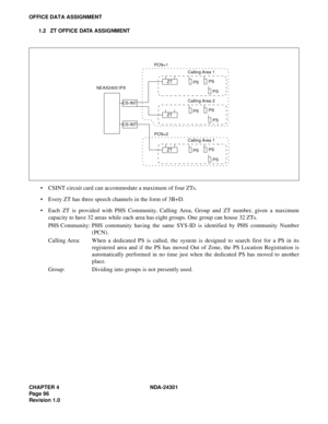 Page 113CHAPTER 4 NDA-24301
Pag e 9 6
Revision 1.0
OFFICE DATA ASSIGNMENT
1.2 ZT OFFICE DATA ASSIGNMENT
 CSINT circuit card can accommodate a maximum of four ZTs.
 Every ZT has three speech channels in the form of 3B+D.
 Each ZT is provided with PHS Community, Calling Area, Group and ZT number, given a maximum
capacity to have 32 areas while each area has eight groups. One group can house 32 ZTs.
PHS Community: PHS community having the same SYS-ID is identified by PHS community Number
(PCN).
Calling Area:...