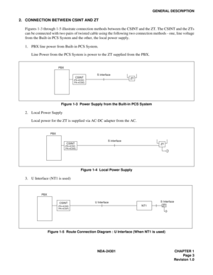 Page 20NDA-24301 CHAPTER 1
Page 3
Revision 1.0
GENERAL DESCRIPTION
2. CONNECTION BETWEEN CSINT AND ZT
Figures 1-3 through 1-5 illustrate connection methods between the CSINT and the ZT. The CSINT and the ZTs
can be connected with two pairs of twisted cable using the following two connection methods - one, line voltage
from the Built-in PCS System and the other, the local power supply.
1. PBX line power from Built-in PCS System.
Line Power from the PCS System is power to the ZT supplied from the PBX.
Figure 1-3...