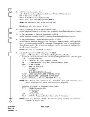 Page 197CHAPTER 4 NDA-24301
Pag e 1 80
Revision 1.0
5) ASFC (Service Feature Class Data)
Allow the following Service Feature to the levels 0-7 on the CFTB circuit card.
SFI=71 (Distinctive Dial Tone)
SFI=72 (Called Station Hooking Restriction)
SFI=32 (Line Circuit Reverse Relay Control) 
Note 6
Note 5:
Do not allow the other service restriction data.
Note 6:Only when using firmware SP-1141.
6) ASPAL (Assignment of Special Access Code for LDM)
Assign Telephone Number to the all ports which are used for Group...