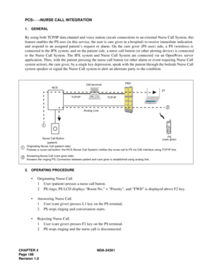 Page 205CHAPTER 4 NDA-24301
Pag e 1 88
Revision 1.0
PCS←→NURSE CALL INTEGRATION
1. GENERAL
By using both TCP/IP data channel and voice station circuit connections to an external Nurse Call System, this
feature enables the PS user (in this service, the user is care giver in a hospital) to receive immediate indication
and respond to an assigned patient’s request or alarm. On the care giver (PS user) side, a PS (wireless) is
connected to the IPX system, and on the patient side, a nurse call button (or other...