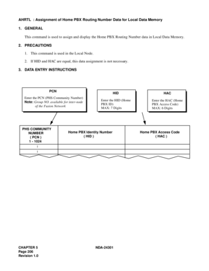 Page 223CHAPTER 5 NDA-24301
Pag e 2 06
Revision 1.0
AHRTL  : Assignment of Home PBX Routing Number Data for Local Data Memory
1. GENERAL
This command is used to assign and display the Home PBX Routing Number data in Local Data Memory.
2. PRECAUTIONS
1. This command is used in the Local Node.
2. If HID and HAC are equal, this data assignment is not necessary.
3. DATA ENTRY INSTRUCTIONS
PCNHAC
Enter the PCN (PHS Community Number)
Note: Group NO. available for inter-node
of the Fusion NetworkEnter the HAC (Home
PHS...