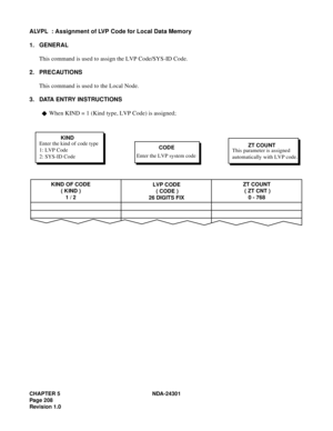 Page 225CHAPTER 5 NDA-24301
Pag e 2 08
Revision 1.0
ALVPL  : Assignment of LVP Code for Local Data Memory
1. GENERAL
This command is used to assign the LVP Code/SYS-ID Code.
2. PRECAUTIONS
This command is used to the Local Node.
3. DATA ENTRY INSTRUCTIONS
When KIND = 1 (Kind type, LVP Code) is assigned;
KIND OF CODE
( KIND )
1 / 2LVP CODE
 ( CODE )
26 DIGITS FIXZT COUNT
 ( ZT CNT )
0 - 768
KIND
Enter the kind of code type
1: LVP Code
2: SYS-ID Code
CODE
Enter the LVP system code ZT COUNT
This parameter is...