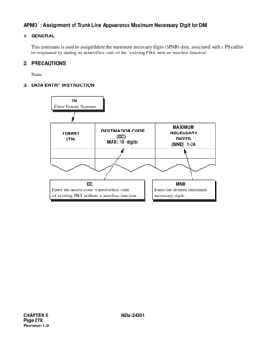 Page 295CHAPTER 5 NDA-24301
Pag e 2 78
Revision 1.0
APMD  : Assignment of Trunk Line Appearance Maximum Necessary Digit for DM
1. GENERAL
This command is used to assign/delete the maximum necessary digits (MND) data, associated with a PS call to
be originated by dialing an area/office code of the “existing PBX with no wireless function”. 
2. PRECAUTIONS
None
3. DATA ENTRY INSTRUCTION
TENANT 
    (TN)DESTINATION CODE 
             (DC) 
     MAX: 10  digits
 
  MAXIMUM  
NECESSARY  
     DIGITS 
 (MND)  1-24...