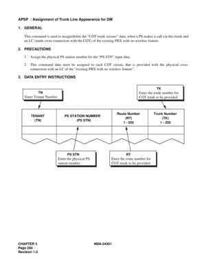 Page 301CHAPTER 5 NDA-24301
Pag e 2 84
Revision 1.0
APSP  : Assignment of Trunk Line Appearance for DM
1. GENERAL
This command is used to assign/delete the “COT trunk seizure” data, when a PS makes a call via this trunk and
an LC (made cross connection with the COT) of the existing PBX with no wireless feature.
2. PRECAUTIONS
1. Assign the physical PS station number for the “PS STN” input data.
2. This command data must be assigned to each COT circuit, that is provided with the physical cross
connection with an...