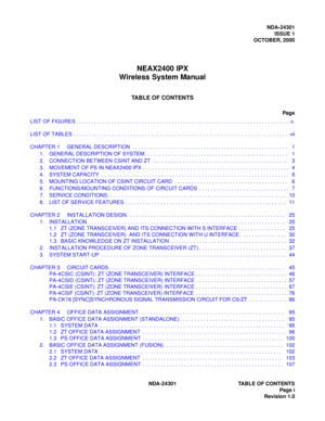 Page 8NDA-24301
ISSUE 1
OCTOBER, 2000
NEAX2400 IPX
Wireless System Manual
TABLE OF CONTENTS
Pag e
NDA-24301 TABLE OF CONTENTS
Page i
Revision 1.0 LIST OF FIGURES . . . . . . . . . . . . . . . . . . . . . . . . . . . . . . . . . . . . . . . . . . . . . . . . . . . . . . . . . . . . . . . .  . . . . . . . . .v.
LIST OF TABLES . . . . . . . . . . . . . . . . . . . . . . . . . . . . . . . . . . . . . . . . . . . . . . . . . . . . . . . . . . . . . . . .  . . . . . . . . .  vii
CHAPTER 1 GENERAL DESCRIPTION  . . ....