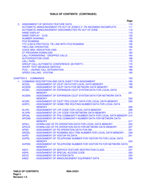Page 9TABLE OF CONTENTS NDA-24301
Pag e ii
Revision 1.0
TABLE OF CONTENTS  (CONTINUED)
Page
3. ASSIGNMENT OF SERVICE FEATURE DATA . . . . . . . . . . . . . . . . . . . . . . . . . . . . . . . . . . . . . . . . . .  110
AUTOMATIC ANNOUNCEMENT-PS OUT OF ZONE/C.F.-PS INCOMING INCOMPLETE  . . . . . . . .  111
AUTOMATIC ANNOUNCEMENT-DISCONNECTED PS OUT OF ZONE  . . . . . . . . . . . . . . . . . . . . . .  116
NAME DISPLAY  . . . . . . . . . . . . . . . . . . . . . . . . . . . . . . . . . . . . . . . . . . . . . . ....
