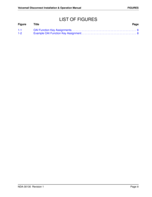 Page 5NDA-30130  Revision 1Page iii
Voicemail Disconnect Installation & Operation Manual FIGURES
LIST OF FIGURES
Figure TitlePage
1-1 OAI Function Key Assignments. . . . . . . . . . . . . . . . . . . . . . . . . . . . . . . . . . . . . . . . . . .  6
1-2 Example OAI Function Key Assignment . . . . . . . . . . . . . . . . . . . . . . . . . . . . . . . . . . . .  8 