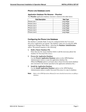 Page 9NDA-30130  Revision 1Page 3
Voicemail Disconnect Installation & Operation Manual INSTALLATION & SET-UP
Phone Line Database (cont)
Application Database File filename - ’Phonline’.
The Phonline application database structure is shown in the table below:
Configuring the Phone Line Database
The database is initially blank. It must be configured before the Voicemail 
Disconnect application can operate. The database values are set using the APM 
Applications Manager Main Menu-- Selecting the Database...