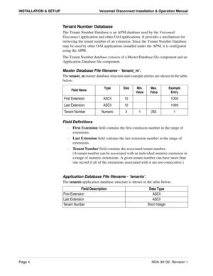 Page 10Page 4NDA-30130  Revision 1
INSTALLATION & SET-UP Voicemail Disconnect Installation & Operation Manual
Tenant Number Database
The Tenant Number Database is an APM database used by the Voicemail 
Disconnect application and other OAI applications. It provides a mechanism for 
retrieving the tenant number of an extension. Since the Tenant Number Database 
may be used by other OAI applications installed under the APM, it is configured 
using the APM.
The Tenant Number database consists of a Master Database...