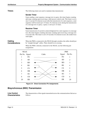 Page 20Page 10NDA-30115  Revision 1.0
Architecture Property Management System - Communication Interface
TimersThe following timers are used to maintain data transmission:
Sender Timer
Upon sending a start sequence, message text or query, this timer begins counting 
and stops counting upon receiving a valid answer control code. This timer is set to 
one (1) second. If a timeout occurs after the transmission of a start sequence, a start 
sequence will be resent up to 15 times. If a timeout occurs during the...