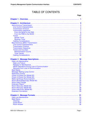 Page 3NDA-30115Revision 1.0Page i
Property Management System Communication Interface CONTENTS
TABLE OF CONTENTS
Page
Chapter 1 - Overview . . . . . . . . . . . . . . . . . . . . . . . . . . . . . . . . . . . . . . . . . . . . . . . . . . . . .   1
Chapter 2 - Architecture  . . . . . . . . . . . . . . . . . . . . . . . . . . . . . . . . . . . . . . . . . . . . . . . . . .   3
Asynchronous Transmission . . . . . . . . . . . . . . . . . . . . . . . . . . . . . . . . . . . . . . . . . . . . . . . . . . . . . .  4...