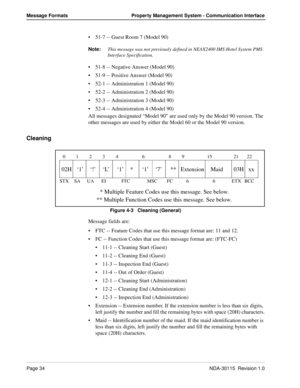 Page 44Page 34NDA-30115  Revision 1.0
Message Formats Property Management System - Communication Interface
51-7 -- Guest Room 7 (Model 90) 
Note:
This message was not previously defined in NEAX2400 IMS Hotel System PMS 
Interface Specification.
51-8 -- Negative Answer (Model 90)
51-9 -- Positive Answer (Model 90)
52-1 -- Administration 1 (Model 90)
52-2 -- Administration 2 (Model 90)
52-3 -- Administration 3 (Model 90)
52-4 -- Administration 4 (Model 90)
All messages designated “Model 90” are used only...