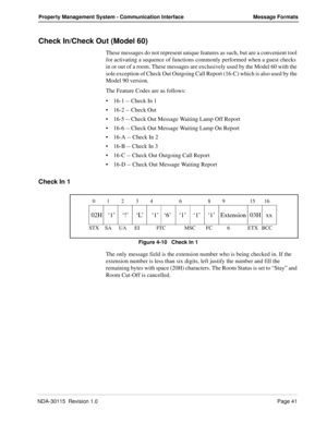 Page 51NDA-30115  Revision 1.0Page 41
Property Management System - Communication Interface Message Formats
Check In/Check Out (Model 60)
These messages do not represent unique features as such, but are a convenient tool 
for activating a sequence of functions commonly performed when a guest checks 
in or out of a room. These messages are exclusively used by the Model 60 with the 
sole exception of Check Out Outgoing Call Report (16-C) which is also used by the 
Model 90 version.
The Feature Codes are as...