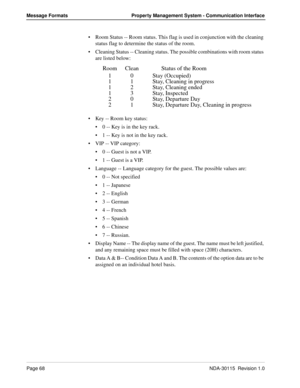 Page 78Page 68NDA-30115  Revision 1.0
Message Formats Property Management System - Communication Interface
Room Status -- Room status. This flag is used in conjunction with the cleaning 
status flag to determine the status of the room.
Cleaning Status -- Cleaning status. The possible combinations with room status 
are listed below:
Key -- Room key status:
0 -- Key is in the key rack.
1 -- Key is not in the key rack.
VIP -- VIP category:
0 -- Guest is not a VIP.
1 -- Guest is a VIP.
Language -- Language...