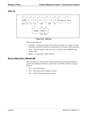 Page 92Page 82NDA-30115  Revision 1.0
Message Formats Property Management System - Communication Interface
Wa ke  U p
Figure 4-54   Wake Up
The message fields are:
Extension -- Extension number. If the extension number is less than six digits, 
left justify the number and fill the remaining bytes with space (20H) characters.
Time -- Time for which a wake up call is set. Format used is HHMM using 
military time.
Blank -- A single space (20H) character.
Direct Data Entry (Model 90)
These messages are used to...