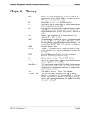 Page 99NDA-30115  Revision 1.0Page 89
Property Management System - Communication Interface Glossary
Chapter 6 Glossary
BCC Block Check Code. Computed by an exclusive OR of the 
message from the SA field to the ETX character, inclusive. 
This is used to assist in error control.
EI Entry Index. Always ‘L’ for the PMS interface.
ETX End of Text. Special control character used to denote the end 
of a message block. Always 03H.
FC Function Code. Identifies a specific message within a feature 
code. The combination...