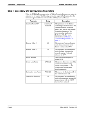 Page 14Page 8NDA-30016   Revision 3.0
Application Configuration Roamer Installation Guide
Step 4: Secondary OAI Configuration Parameters
Using the OAI-Conf command on the APM Configuration Entry screen, make the 
entry shown for each of the following parameters required by Roamer. Use the 
instructions provided for this option in the APM Operations Manual:
Parameter Entry Description
Database Name #1* /oai/db/cur/
roamerdbThe path name of the database 
containing user information. The 
database filename...