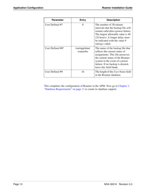 Page 16Page 10NDA-30016   Revision 3.0
Application Configuration Roamer Installation Guide
This completes the configuration of Roamer in the APM. Now go to Chapter 3, 
“Database Requirements” on page 11 to create its database support. User Defined #7 0 The number of 30-minute 
intervals that the backup file will 
remain valid after a power failure. 
The largest allowable value is 48 
(24 hours). A longer delay must 
be indicated with the value 0 
(always valid).
User Defined #8* /oai/app/data/
roamerbuThe name...