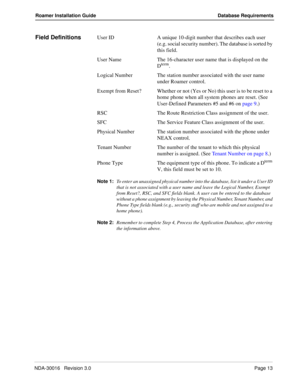 Page 19NDA-30016   Revision 3.0Page 13
Roamer Installation Guide Database Requirements
Field DefinitionsUser ID A unique 10-digit number that describes each user 
(e.g. social security number). The database is sorted by 
this field.
User Name The 16-character user name that is displayed on the 
D
term.
Logical Number The station number associated with the user name 
under Roamer control.
Exempt from Reset? Whether or not (Yes or No) this user is to be reset to a 
home phone when all system phones are reset....