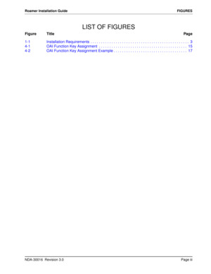 Page 5NDA-30016  Revision 3.0Page iii
Roamer Installation Guide FIGURES
LIST OF FIGURES
Figure TitlePage
1-1 Installation Requirements  . . . . . . . . . . . . . . . . . . . . . . . . . . . . . . . . . . . . . . . . . . . . . . .  3
4-1 OAI Function Key Assignment  . . . . . . . . . . . . . . . . . . . . . . . . . . . . . . . . . . . . . . . . . .  15
4-2 OAI Function Key Assignment Example . . . . . . . . . . . . . . . . . . . . . . . . . . . . . . . . . . .  17 