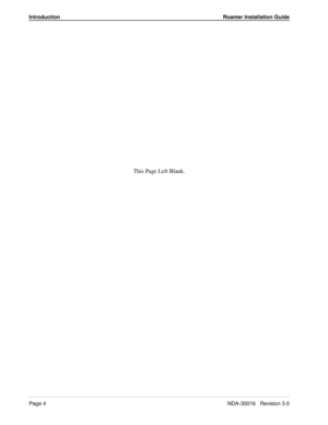 Page 10Introduction Roamer Installation Guide
Page 4NDA-30016   Revision 3.0
This Page Left Blank. 