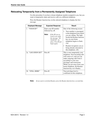 Page 7NDA-30015   Revision 1.0Page 3
Roamer User Guide
Relocating Temporarily from a Permanently Assigned Telephone
Use this procedure if you have a home telephone number assigned to you, but you 
want to temporarily make and receive calls on a different telephone.
Press the Roamer function key on the selected telephone to display the first 
message:
Note:
If you want to exit from Roamer, press the Roamer function key a second time. Displayed Message Expected Response Result
1.“YOUR ID?”Enter your ID number...