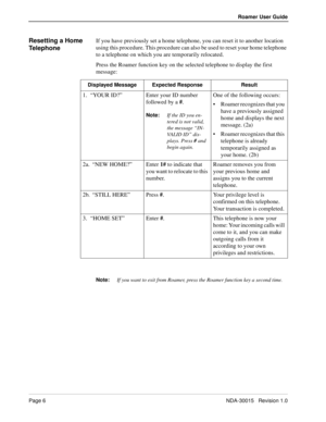 Page 10Page 6NDA-30015   Revision 1.0
Roamer User Guide
Resetting a Home 
TelephoneIf you have previously set a home telephone, you can reset it to another location 
using this procedure. This procedure can also be used to reset your home telephone 
to a telephone on which you are temporarily relocated. 
Press the Roamer function key on the selected telephone to display the first 
message:
Note:
If you want to exit from Roamer, press the Roamer function key a second time. Displayed Message Expected Response...