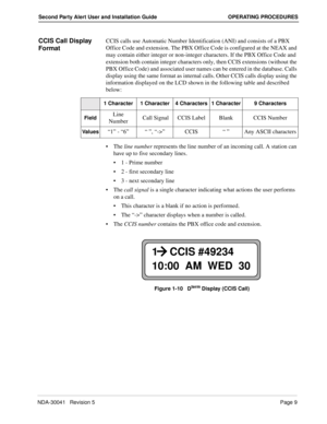 Page 15NDA-30041   Revision 5Page 9
Second Party Alert User and Installation Guide OPERATING PROCEDURES
CCIS Call Display 
FormatCCIS calls use Automatic Number Identification (ANI) and consists of a PBX 
Office Code and extension. The PBX Office Code is configured at the NEAX and 
may contain either integer or non-integer characters. If the PBX Office Code and 
extension both contain integer characters only, then CCIS extensions (without the 
PBX Office Code) and associated user names can be entered in the...