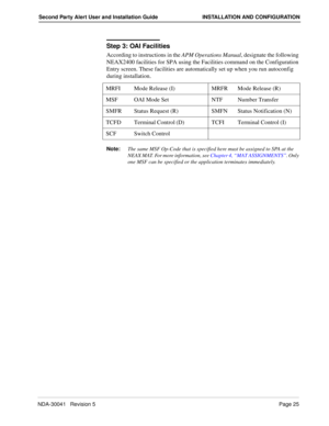 Page 31NDA-30041   Revision 5Page 25
Second Party Alert User and Installation Guide INSTALLATION AND CONFIGURATION
Step 3: OAI Facilities
According to instructions in the APM Operations Manual, designate the following 
NEAX2400 facilities for SPA using the Facilities command on the Configuration 
Entry screen. These facilities are automatically set up when you run autoconfig 
during installation.
Note:The same MSF Op-Code that is specified here must be assigned to SPA at the 
NEAX MAT. For more information, see...