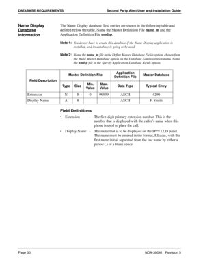 Page 36Page 30NDA-30041   Revision 5
DATABASE REQUIREMENTS Second Party Alert User and Installation Guide
Name Display 
Database 
InformationThe Name Display database field entries are shown in the following table and 
defined below the table. Name the Master Definition File name_m and the 
Application Definition File nmdsp.
Note 1:
You do not have to create this database if the Name Display application is 
installed, and its database is going to be used.
Note 2:
Name the name_m
 file in the Define Master...