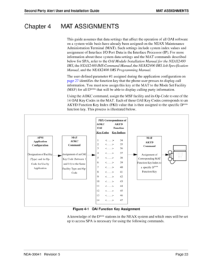 Page 39NDA-30041   Revision 5Page 33
Second Party Alert User and Installation Guide MAT ASSIGNMENTS
Chapter 4 MAT ASSIGNMENTS
This guide assumes that data settings that affect the operation of all OAI software 
on a system-wide basis have already been assigned on the NEAX Maintenance 
Administration Terminal (MAT). Such settings include system index values and 
assignment of Interface I/O Port Data in the Interface Processor (IP). For more 
information about these system data settings and the MAT commands...