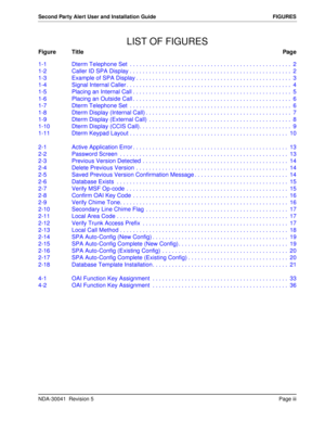 Page 5NDA-30041  Revision 5Page iii
Second Party Alert User and Installation Guide FIGURES
LIST OF FIGURES
Figure TitlePage
1-1 Dterm Telephone Set  . . . . . . . . . . . . . . . . . . . . . . . . . . . . . . . . . . . . . . . . . . . . . . . . . .  2
1-2 Caller ID SPA Display . . . . . . . . . . . . . . . . . . . . . . . . . . . . . . . . . . . . . . . . . . . . . . . . . .  2
1-3 Example of SPA Display . . . . . . . . . . . . . . . . . . . . . . . . . . . . . . . . . . . . . . . . . . . . . . . .  3
1-4...