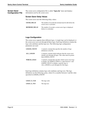 Page 32Page 22NDA-30080   Revision 1.0
Sentry Alarm Control Terminal Sentry Installation Guide
Screen Saver 
Configuration FileThe screen saver configuration file is called “logos.cfg” timer and displays 
information used by the screen saver.
Screen Saver Delay Values
The screen saver uses the following delay values:
Logo Configuration
The screen saver supports three different logos. A single logo can be displayed, or 
the screen saver can cycle through all three logos. Each logo definition contains the 
logo...