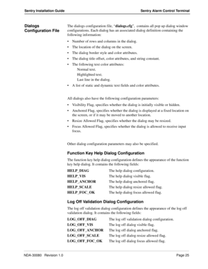 Page 35NDA-30080   Revision 1.0Page 25
Sentry Installation Guide Sentry Alarm Control Terminal
Dialogs 
Configuration FileThe dialogs configuration file, “dialogs.cfg”,  contains all pop up dialog window 
configurations. Each dialog has an associated dialog definition containing the 
following information:
Number of rows and columns in the dialog.
The location of the dialog on the screen.
The dialog border style and color attributes.
The dialog title offset, color attributes, and string constant.
The...