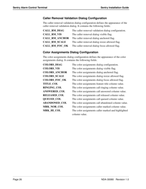 Page 36Page 26NDA-30080   Revision 1.0
Sentry Alarm Control Terminal Sentry Installation Guide
Caller Removal Validation Dialog Configuration
The caller removal validation dialog configuration defines the appearance of the 
caller removal validation dialog. It contains the following fields:
CALL_RM_DIAGThe caller removal validation dialog configuration.
CALL_RM_VISThe caller removal dialog visible flag.
CALL_RM_ANCHORThe caller removal dialog anchored flag.
CALL_RM_SCALEThe caller removal dialog resize allowed...