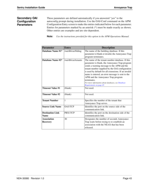 Page 53NDA-30080   Revision 1.0Page 43
Sentry Installation Guide Annoyance Trap
Secondary OAI 
Configuration 
ParametersThese parameters are defined automatically if you answered “yes” to the 
autoconfig prompt during installation. Use the OAI-Conf command on the APM 
Configuration Entry screen to make the entries indicated below for each parameter. 
Entries for parameters marked by an asterisk (*) must be made exactly as shown. 
Other entries are examples and are site-dependent. 
Note:
Use the instructions...