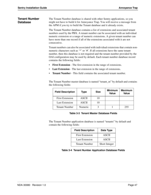 Page 57NDA-30080   Revision 1.0Page 47
Sentry Installation Guide Annoyance Trap
Tenant Number 
DatabaseThe Tenant Number database is shared with other Sentry applications, so you 
might not have to build it for Annoyance Trap. You will receive a message from 
the APM if you try to build the Tenant database and it already exists.
The Tenant Number database contains a list of extensions and associated tenant 
numbers used by the PBX. A tenant number can be associated with an individual 
numeric extension or a...