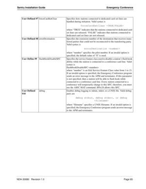 Page 75NDA-30080   Revision 1.0Page 65
Sentry Installation Guide Emergency Conference
User Defined #7
forceCardSetClear Specifies how stations connected to dedicated card set lines are 
handled during initiation. Valid syntax is
 forceCardSetClear 
where “TRUE” indicates that the stations connected to dedicated card 
set lines are released. “FA L S E” indicates that stations connected to 
dedicated card set lines are not released.
User Defined #8
errorDestination Specifies the extension number of the...