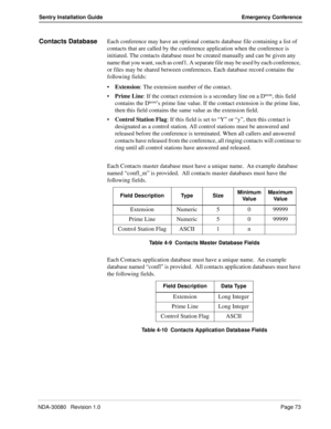 Page 83NDA-30080   Revision 1.0Page 73
Sentry Installation Guide Emergency Conference
Contacts DatabaseEach conference may have an optional contacts database file containing a list of 
contacts that are called by the conference application when the conference is 
initiated. The contacts database must be created manually and can be given any 
name that you want, such as conf1. A separate file may be used by each conference, 
or files may be shared between conferences. Each database record contains the 
following...