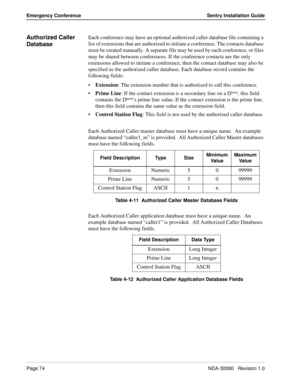 Page 84Page 74NDA-30080   Revision 1.0
Emergency Conference Sentry Installation Guide
Authorized Caller 
DatabaseEach conference may have an optional authorized caller database file containing a 
list of extensions that are authorized to initiate a conference. The contacts database 
must be created manually. A separate file may be used by each conference, or files 
may be shared between conferences. If the conference contacts are the only 
extensions allowed to initiate a conference, then the contact database...