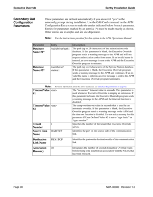 Page 100Page 90NDA-30080   Revision 1.0
Executive Override Sentry Installation Guide
Secondary OAI 
Configuration 
ParametersThese parameters are defined automatically if you answered “yes” to the 
autoconfig prompt during installation. Use the OAI-Conf command on the APM 
Configuration Entry screen to make the entries indicated below for each parameter. 
Entries for parameters marked by an asterisk (*) must be made exactly as shown. 
Other entries are examples and are site-dependent. 
Note:
Use the instructions...