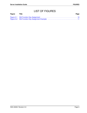 Page 5NDA-30009  Revision 3.0Page iii
Server Installation GuideFIGURES
LIST OF FIGURES
Figure TitlePage
Figure 3-1 OAI Function Key Assignment  . . . . . . . . . . . . . . . . . . . . . . . . . . . . . . . . . . . . . . . . . .  10
Figure 3-2 OAI Function Key Assignment Example   . . . . . . . . . . . . . . . . . . . . . . . . . . . . . . . . . .  11 