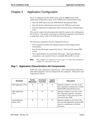 Page 9NDA-30009   Revision 3.0Page 3
Server Installation Guide Application Configuration
Chapter 2 Application Configuration
Server is configured into the APM system using the Add function of the 
Application Configuration option on the APM System Administration menu.
Enter the APM option from the APM Platform Management Menu.
Enter the System Administrator password at the APM password screen.
Enter the Application Configuration option from the System Administration 
menu.
This section contains the...