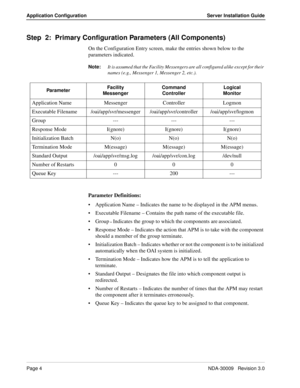 Page 10Page 4NDA-30009   Revision 3.0
Application Configuration Server Installation Guide
Step  2:  Primary Configuration Parameters (All Components)
On the Configuration Entry screen, make the entries shown below to the 
parameters indicated.  
Note:
It is assumed that the Facility Messengers are all configured alike except for their 
names (e.g., Messenger 1, Messenger 2, etc.).
Parameter Definitions:
Application Name – Indicates the name to be displayed in the APM menus.
Executable Filename – Contains the...