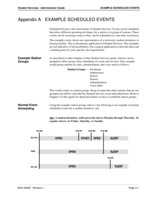 Page 105NDA-30095   Revision 1Page A-1
Student Services - Administrator Guide EXAMPLE SCHEDULED EVENTS
Appendix A EXAMPLE SCHEDULED EVENTS
Scheduled Events is the main feature of Student Services. Events can be scheduled 
that allow different operating privileges for a station or a group of stations. These 
events can be recurring events or they can be scheduled as a one-time occurrence.
The example events shown are representative of a university student dormitory or 
housing facility. This is the primary...