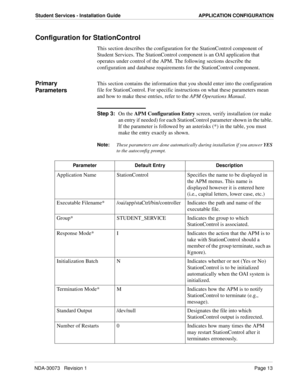 Page 17NDA-30073   Revision 1Page 13
Student Services - Installation Guide APPLICATION CONFIGURATION
Configuration for StationControl
This section describes the configuration for the StationControl component of 
Student Services. The StationControl component is an OAI application that 
operates under control of the APM. The following sections describe the 
configuration and database requirements for the StationControl component.
Primary 
ParametersThis section contains the information that you should enter into...