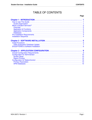 Page 3NDA-30073  Revision 1Page i
Student Services - Installation Guide CONTENTS
TABLE OF CONTENTS
Page
Chapter 1 - INTRODUCTION . . . . . . . . . . . . . . . . . . . . . . . . . . . . . . . . . . . . . . . . . . . . . . .   1
How to Use This Guide . . . . . . . . . . . . . . . . . . . . . . . . . . . . . . . . . . . . . . . . . . . . . . . . . . . . . . . . . .  1
Guide Organization  . . . . . . . . . . . . . . . . . . . . . . . . . . . . . . . . . . . . . . . . . . . . . . . . . . . . . . . . . . .  1
What...