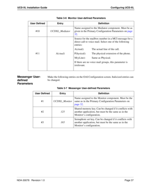 Page 39NDA-30078   Revision 1.0Page 37
UCD-XL Installation Guide Configuring UCD-XL
Messenger User-
defined 
ParametersMake the following entries on the OAI Configuration screen. Italicized entries can 
be changed. #10UCDXL_MediatorName assigned to the Mediator component. Must be as 
given in the Primary Configuration Parameters on page 
32.
#11A(ctual)Source for the mailbox number in a MCI message for a 
direct call to voice mail. Select one of the following 
entries:
A(ctual): The actual line of the call....